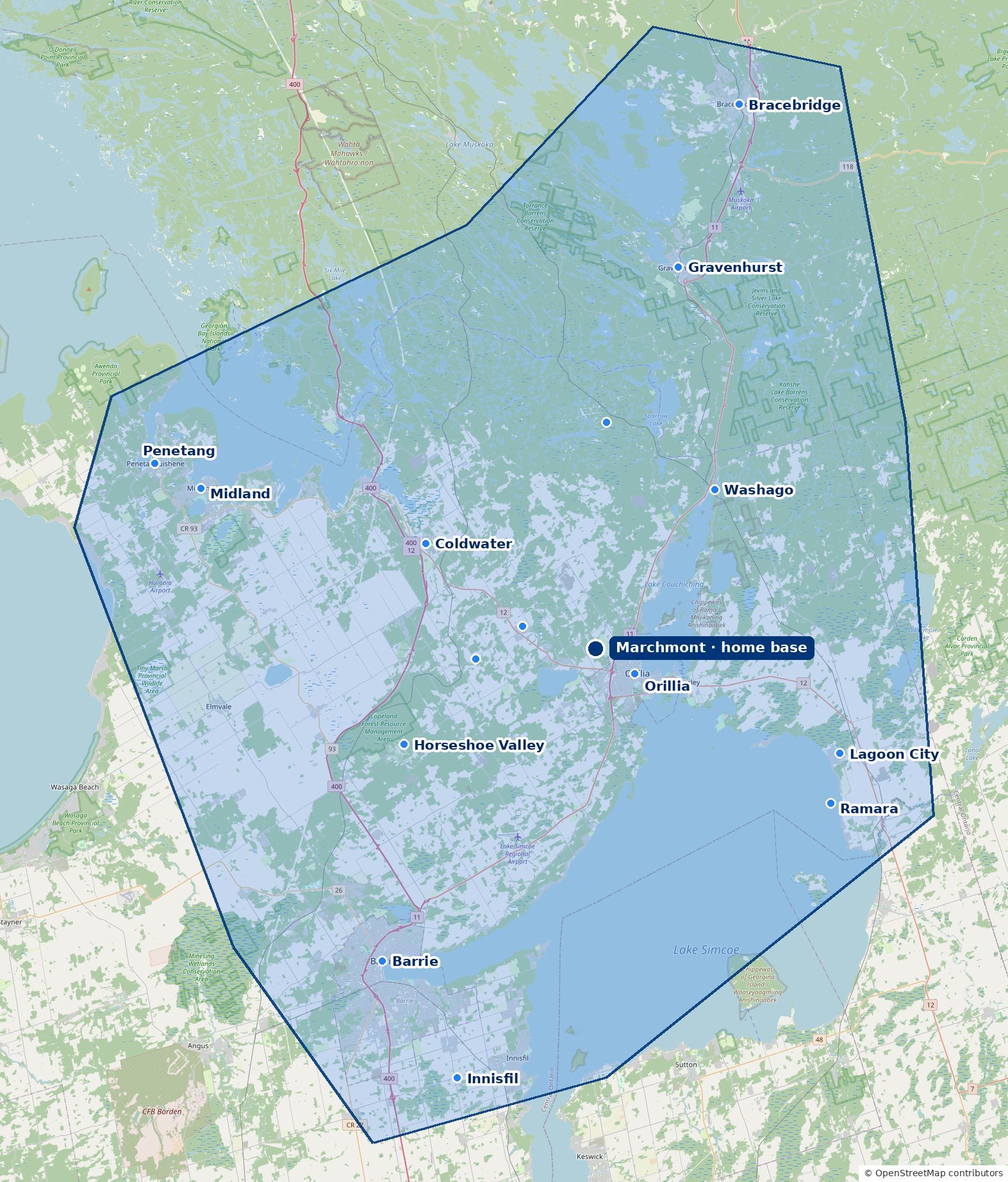 Map of the Marchmont Window Cleaning service area across Simcoe County and southern Muskoka